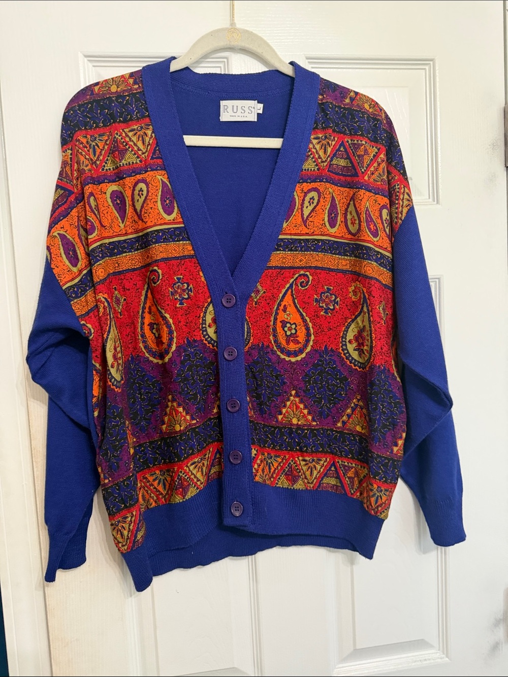 Vintage Russ Colorblock Paisley V-Neck Button Sweater - Royal Blue & Multicolor